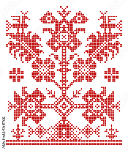 World Tree, slavic embroidery ornament and pattern. Symbol of a colossal tree which connects the heavens, the terrestrial world and with roots the underworld. Old sample of a folk sewing motif. Vector
