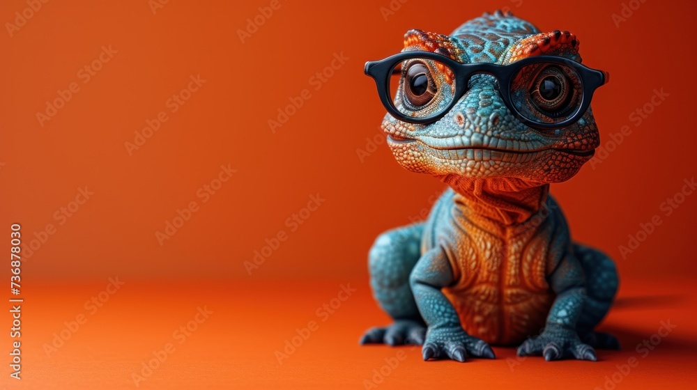 Adorable Dinosaur with Glasses on Vibrant Orange Background Adorable Dinosaur with Glasses on Vibrant Orange Background