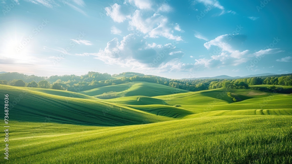 Idyllic Rolling Green Hills Under a Clear Blue Sky with Wispy Clouds.
