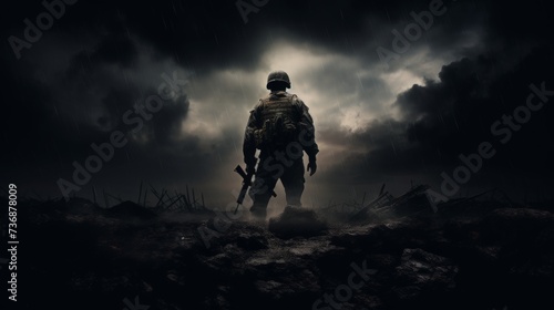 Silhouette of Soldier Standing in Rainstorm - Dark and Atmospheric War Image