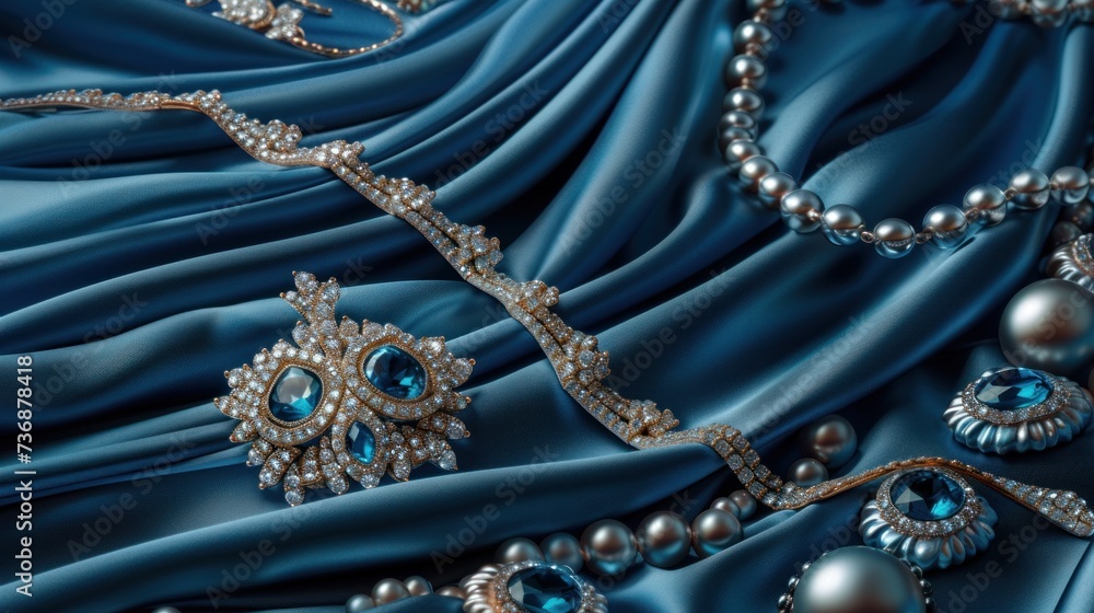 jewelry on blue satin background, closeup jewelry on blue satin background, closeup