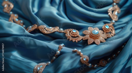 jewelry on blue satin background, closeup