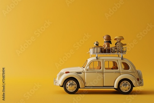 Beige Toy Family Car, on an Isolated Yellow Background, Generative AI © Box Milk