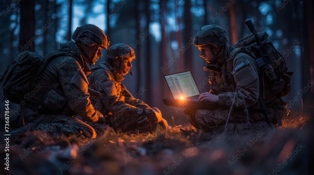 military special operation or soldiers in the forest at night reviewing a plan of action on a laptop military special operation or soldiers in the forest at night reviewing a plan of action on a laptop