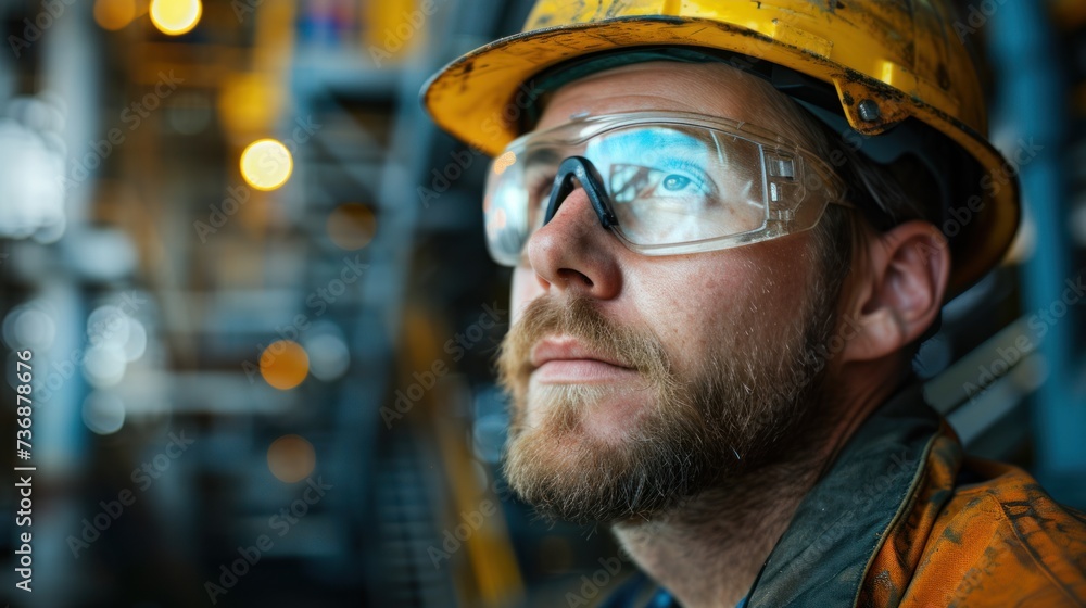 Portrait from below of an oil rig worker with glasses, the platform in the background Portrait from below of an oil rig worker with glasses, the platform in the background