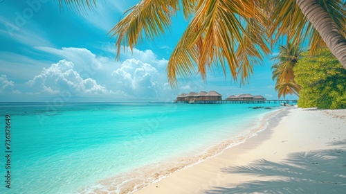  a tropical beach with a hut on the water and palm trees in the foreground and a blue sky with clouds in the background.