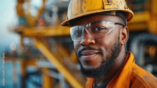 Portrait from below of an oil rig worker with glasses, the platform in the background