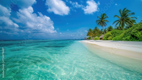  a tropical beach with clear blue water and palm trees on the other side of the beach and a hut on the other side of the beach.
