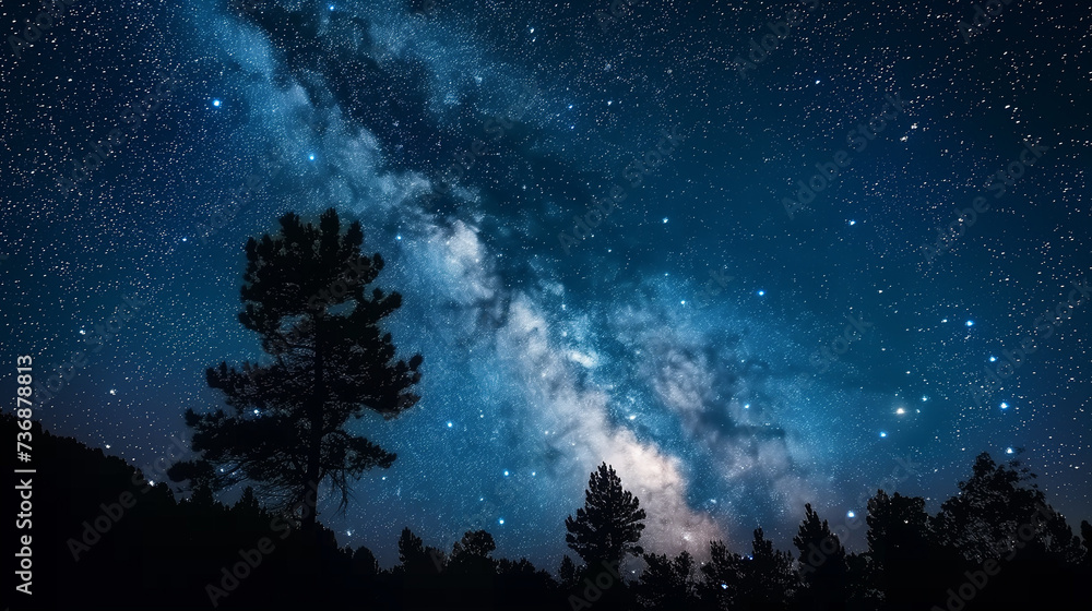 Naklejka premium Starry Night Sky Over Silhouetted Pine Trees