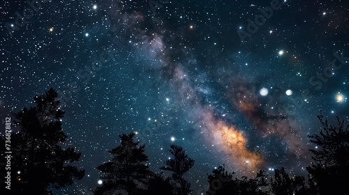 Starry Night Sky Over Silhouetted Pine Trees © pisan thailand