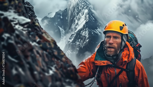 Mountaineer in Helmet Facing Harsh Mountain Weather