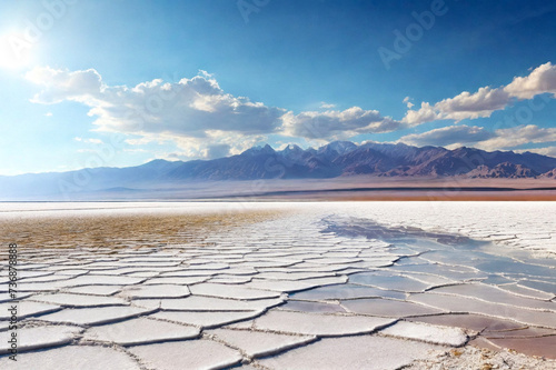 Panoramic landscape photo of wild nature salt flat with mountains, backgrounds. Scenery view of Bolivia natural salt desert wilderness, no people. Bolivian landmarks concept. Copy ad text space photo