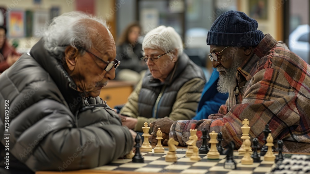 Retired Seniors Enjoying a Friendly Game of Chess at Community Center
