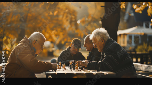Retired Seniors Enjoying a Friendly Game of Chess at Community Center photo