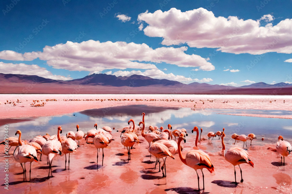 Landscape photo of Laguna Colorada lake with pink chilean flamingos at Andes mountains background. Scenery view of Bolivia in natural wilderness. Bolivian nature landmarks concept. Copy ad text space
