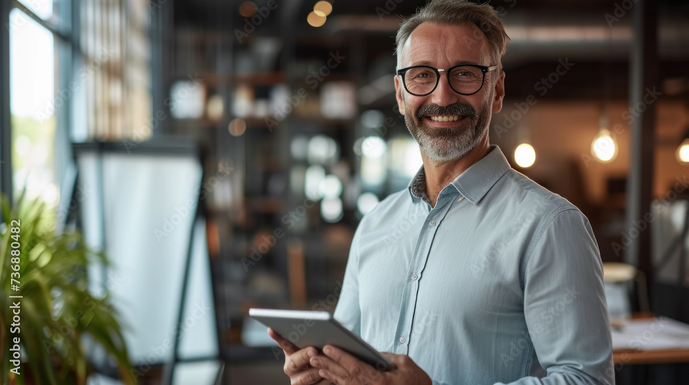 Confident entrepreneur holding tablet in modern office space. Professionalism and technology. Confident entrepreneur holding tablet in modern office space. Professionalism and technology.