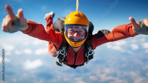 Skydiver in freefall high up in the air.