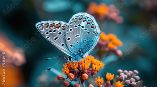  a close up of a blue butterfly on some orange and white flowers with a blurry background of blue and orange flowers.