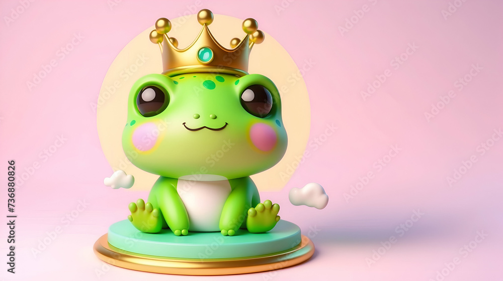 3d cute Green frog with the golden crown on the pastel background. 29 february leap year day concept 3d cute Green frog with the golden crown on the pastel background. 29 february leap year day concept