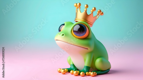 3d cute Green frog with the golden crown on the pastel background. 29 february leap year day concept