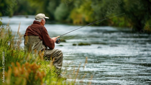 Retirement Bliss: Elderly Man Finds Serenity in Fishing on a Peaceful Riverbank