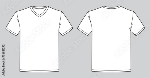 Blank white v-neck t-shirt template. Front and back view photo