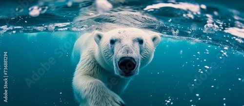 a polar bear is swimming underwater in the ocean . High quality