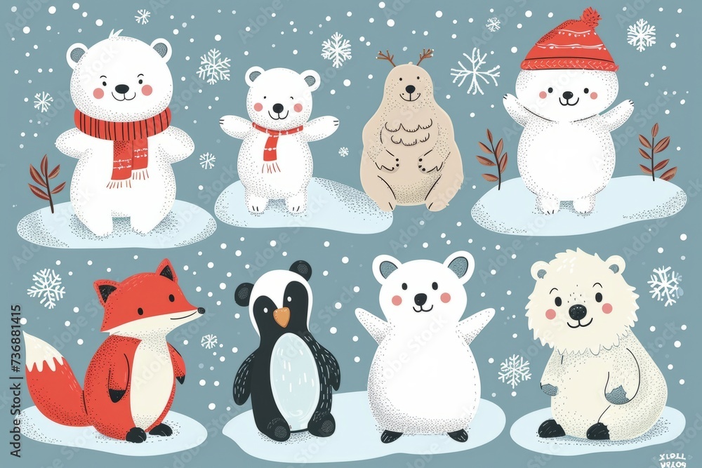 Cartoon cute doodles of winter wildlife, with characters like polar bears, penguins, and arctic foxes in snowy landscapes, Generative AI Cartoon cute doodles of winter wildlife, with characters like polar bears, penguins, and arctic foxes in snowy landscapes, Generative AI