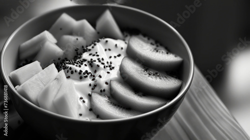  a close up of a bowl of fruit with yogurt and black sprinkles on top of it. © Anna