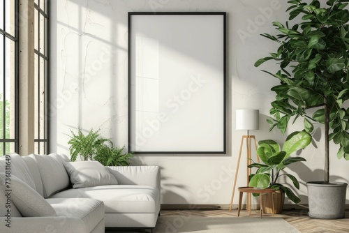 Frame mockup  ISO A paper size. Living room wall poster mockup. Interior mockup with house background. Modern interior design