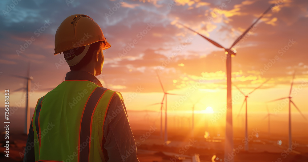 Engineer Gazing at Wind Turbines During Golden Hour
