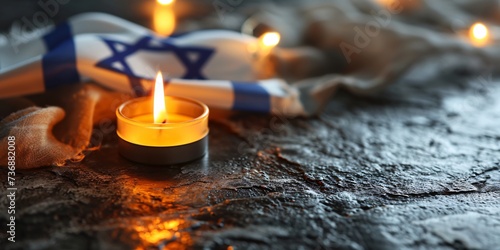 Commemorate the Holocaust on Yom HaShoah with a flickering candle and the Israeli flag against a somber backdrop.