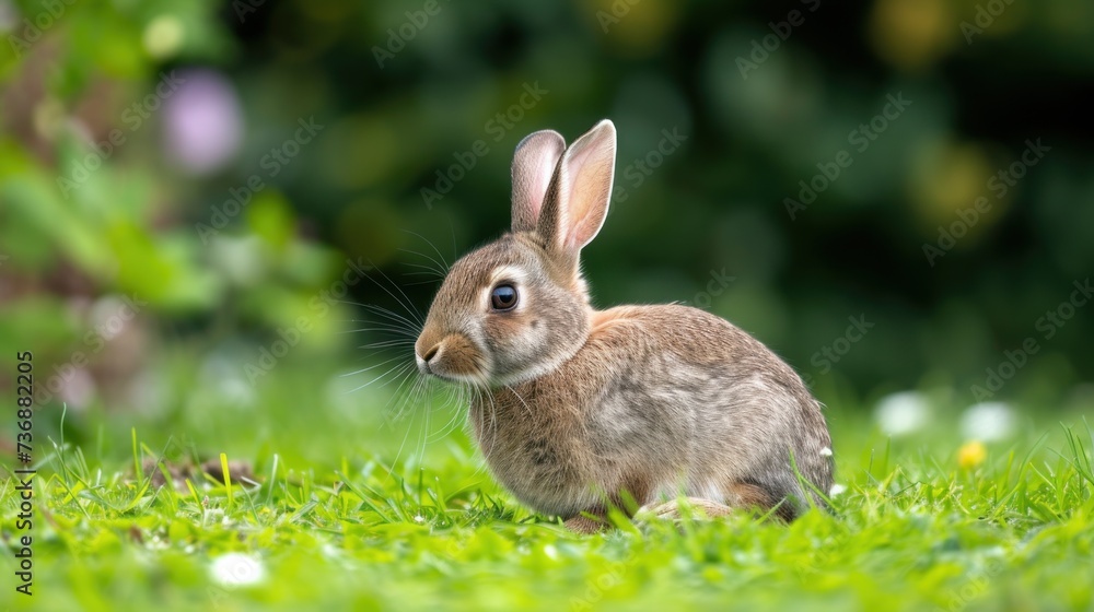 a brown rabbit sitting on top of a lush green grass covered field with a forest in the backround. a brown rabbit sitting on top of a lush green grass covered field with a forest in the backround.