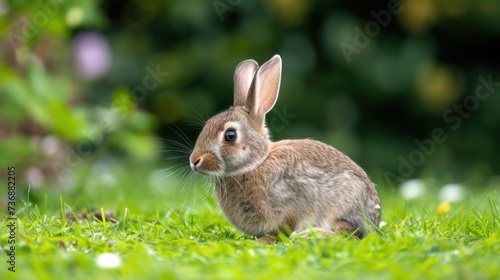  a brown rabbit sitting on top of a lush green grass covered field with a forest in the backround. © Anna