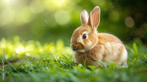  a rabbit is sitting in the grass and looking at the camera with a curious look on it's face. © Anna