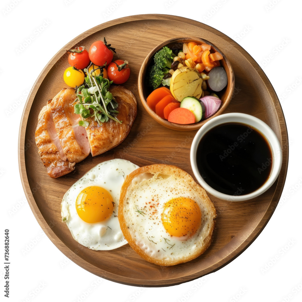 Food served on wooden plate with coffee on transparency background PNG