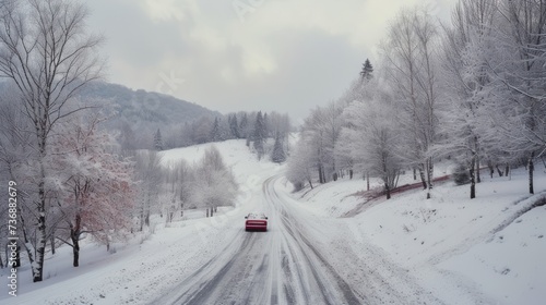  a truck driving down a snow covered road in the middle of a forest with lots of trees on both sides of the road.