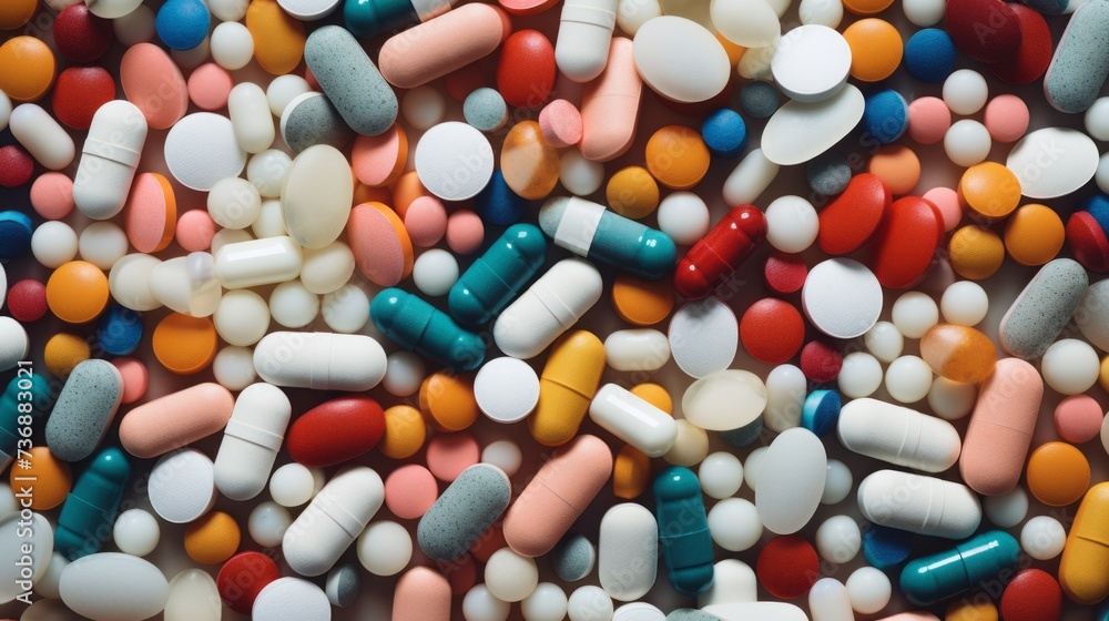 Top view texture of various colorful pills, opioids, drugs, dietary supplements, vitamins, pharmaceutical drugs, Capsules on the table. Top view texture of various colorful pills, opioids, drugs, dietary supplements, vitamins, pharmaceutical drugs, Capsules on the table.