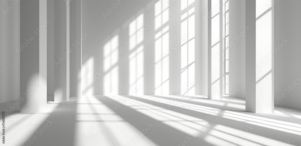 A white background is presented with sunlight falling on shadow vertical bars, as part of an indoor still life, showcasing the juxtaposition of hard and soft lines and naturalistic shadows. - obrazy, fototapety, plakaty 