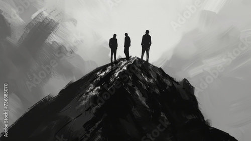 A black and white drawing is presented with businessmen standing on top of a mountain, featuring expressive realism, minimalistic portraits, and alienpunk.