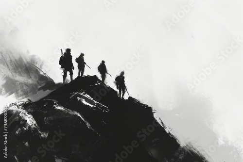 A black and white sketch is presented of a group at the top of a mountain, featuring corporate punk, realistic chiaroscuro, minimalistic sophistication, mid-century style, and low resolution.