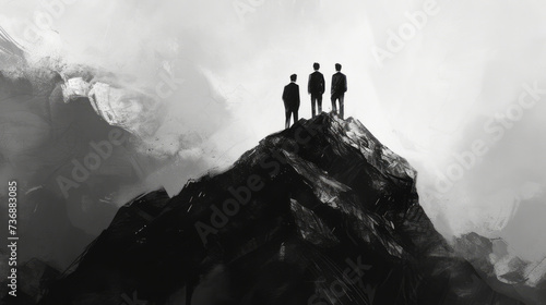 A black and white drawing is presented with businessmen standing on top of a mountain, featuring expressive realism, minimalistic portraits, and alienpunk.