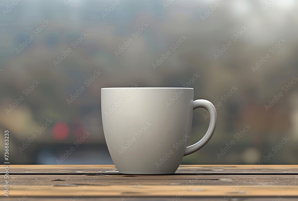 Obraz premium A blank cup is sitting on a wooden table, featuring caffenol developing, yankeecore, and a hazy style in dark white and brown.