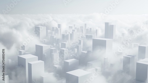 An abstract illusion of a city made of white blocks and clouds  featuring dusty piles and minimalist stage designs.