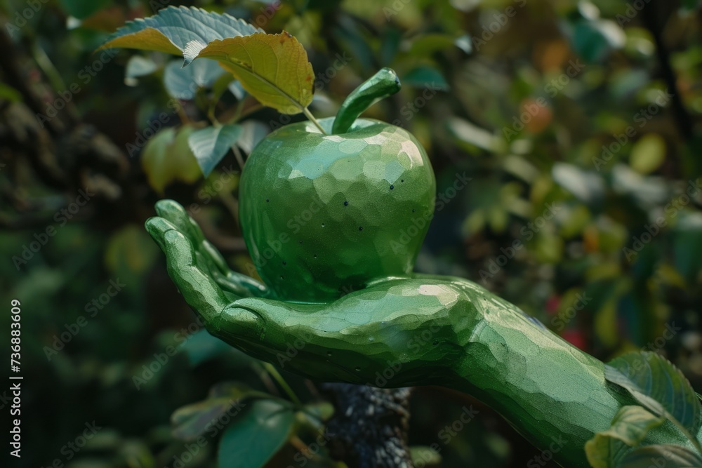 A green hand holding an apple sign, featuring ethereal sculptures, forestpunk, and felt creations. A green hand holding an apple sign, featuring ethereal sculptures, forestpunk, and felt creations.