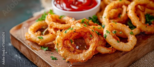 Fried onion rings with ketchup served on a rustic wooden cutting board, a delicious finger food perfect for snacking or as a side dish