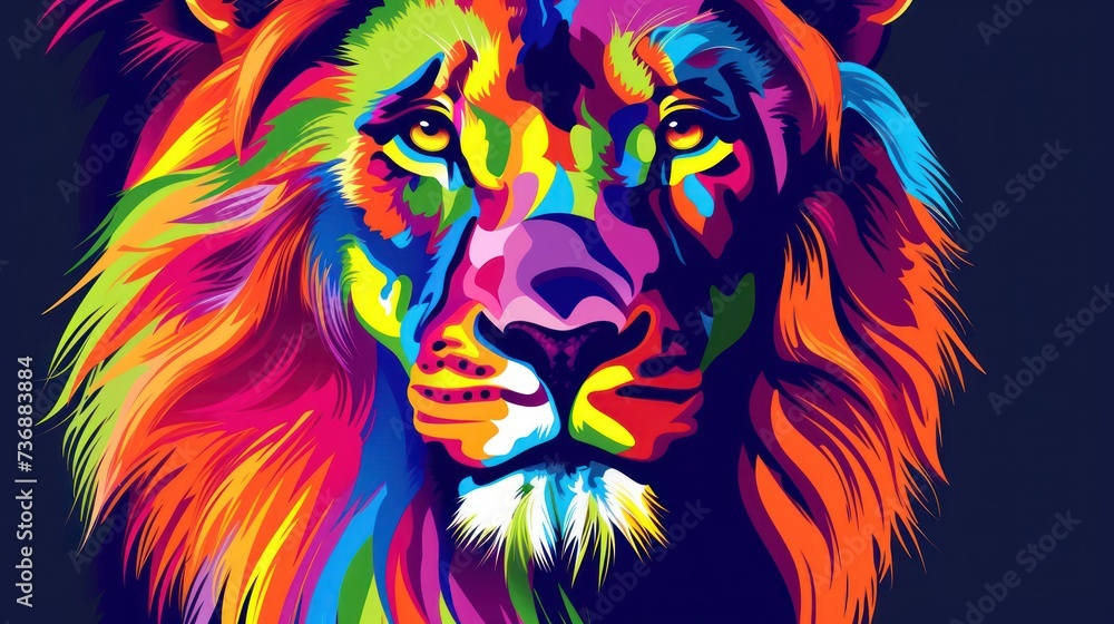  a close up of a lion's face with multicolored lines on it's face and a black background.