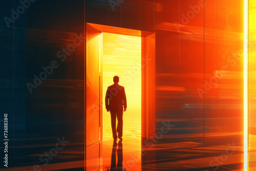 A man in silhouette standing outside an open door  featuring futuristic cityscapes  photorealistic landscapes  dramatic cityscapes  interior scenes  and spectacular backdrops.