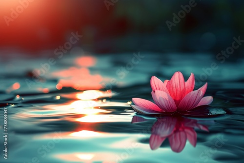 A pink flower floating on the surface of a pond at sunset, featuring hyper-realistic animal illustrations, mystical realms, and photo-realistic elements in dark teal and light red.