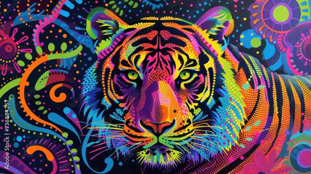Fototapeta  a painting of a tiger on a black background with multicolored circles and swirls on the bottom half of the tiger's face.